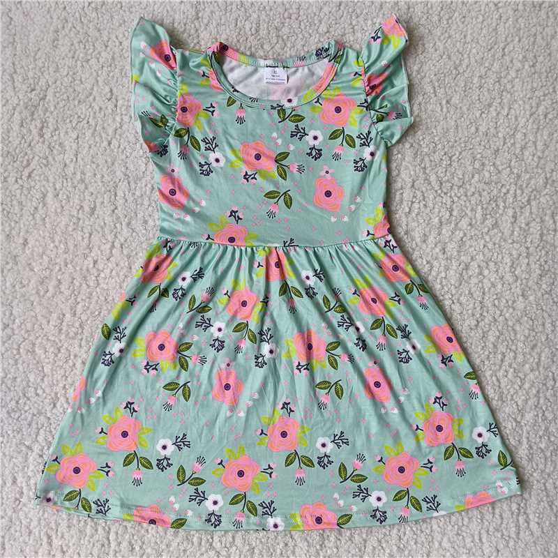 RTS SALES NO MOQ G2-11-1'/ Pink flower green flying sleeves dress