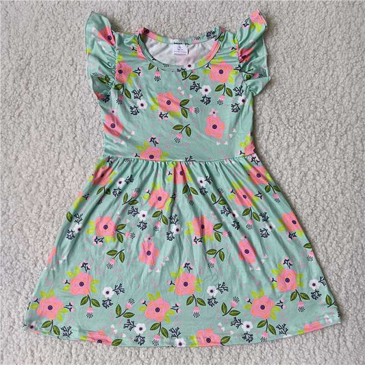 RTS SALES NO MOQ G2-11-1'/ Pink flower green flying sleeves dress