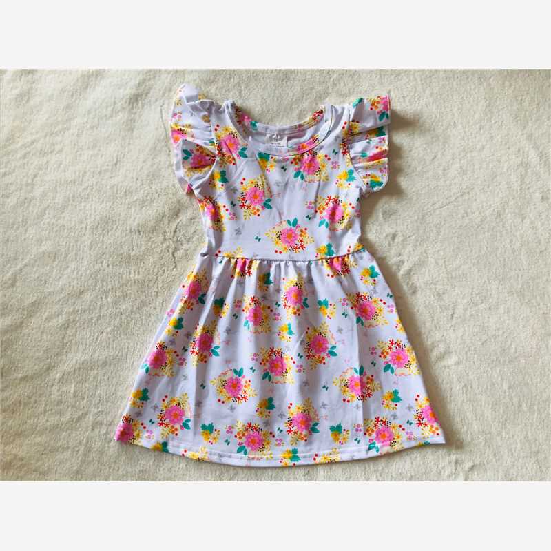 RTS SALES NO MOQ G2-15-5'. Pink flower and yellow leaf flying sleeve dress