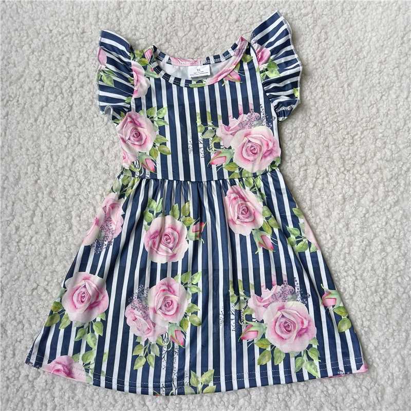 RTS SALES NO MOQ G3-3-2- Pink floral vertical striped flying sleeve dress