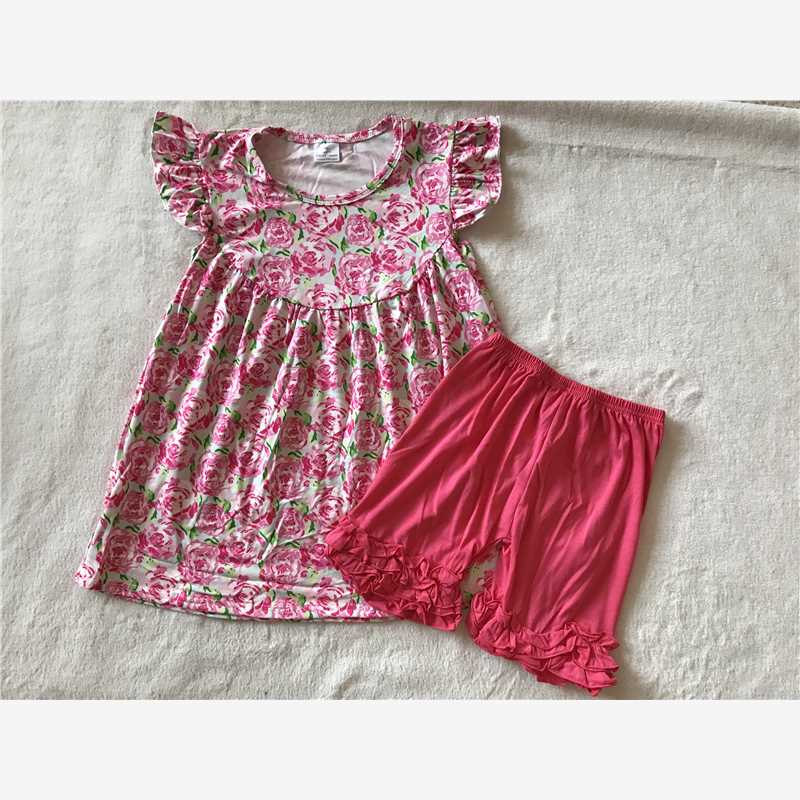 RTS SALES NO MOQ GG3-7-2 Pink ink flower flying sleeve lace shorts suit