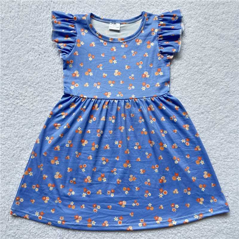 RTS SALES NO MOQ G4-13-3*/ Yellow flower blue flying sleeves dress