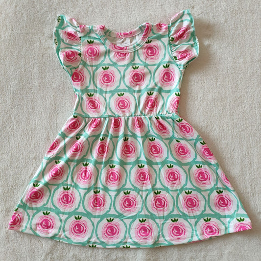 RTS SALES NO MOQ G3-7-8* Pink flower and green leaf flying sleeve dress