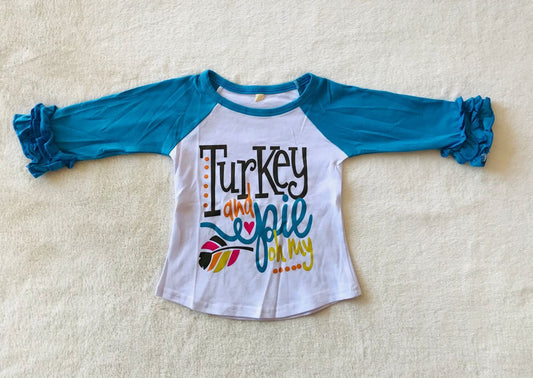 RTS SALES NO MOQ G4-6[ Black hot stamping Turkey blue lace long-sleeved top