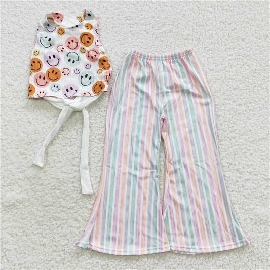 RTS SALES NO MOQ G2-15* Smiley face back cross striped wide leg pants suit