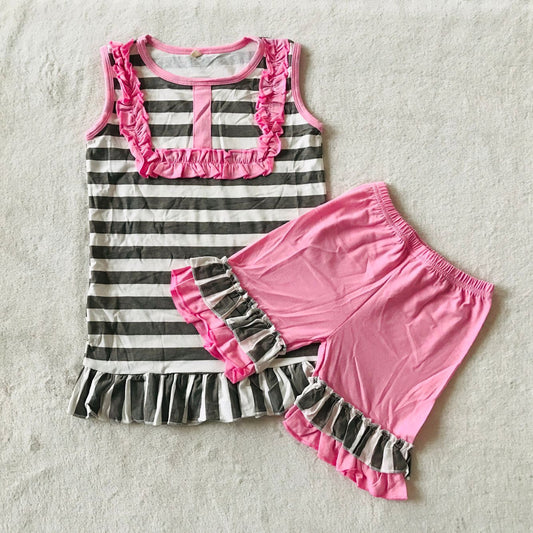 RTS SALES NO MOQ G5-3-3.; Pink striped sleeveless shorts set