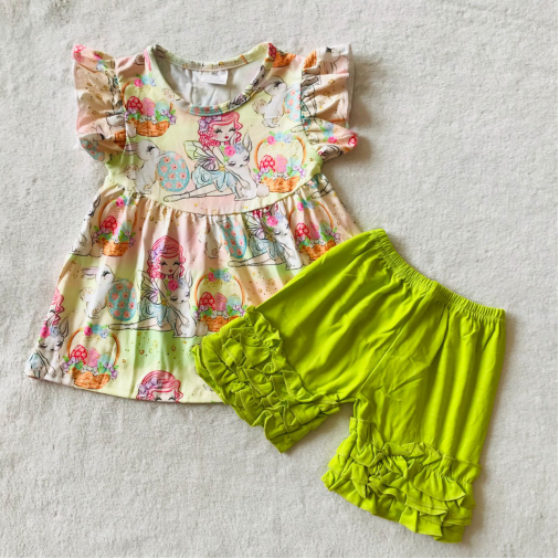 RTS SALES NO MOQ G5-2*/ Bow Girl Rabbit Flying Sleeve Fruit Green Lace Shorts