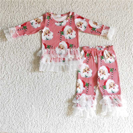 RTS NO MOQ（In Stock)6 B12-18 Girls' Santa Claus Lace Long-Sleeved Suit
