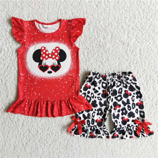 D7-29 Summer Red Flying Sleeve Mickey Bow Leopard Pants Set