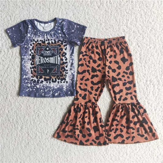 D5-20 Alphabet Short Sleeve Top Leopard Flared Pants Set