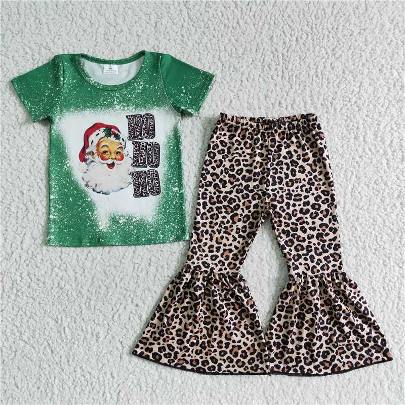 D1-5 Santa Claus Green Short Sleeve Top Leopard Flared Pants Set