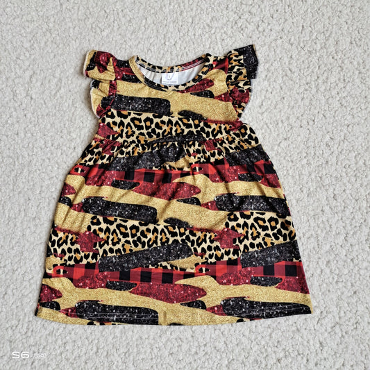 Leopard print red, black and yellow mixed color flying sleeve dress 豹纹红黑黄混色飞袖裙