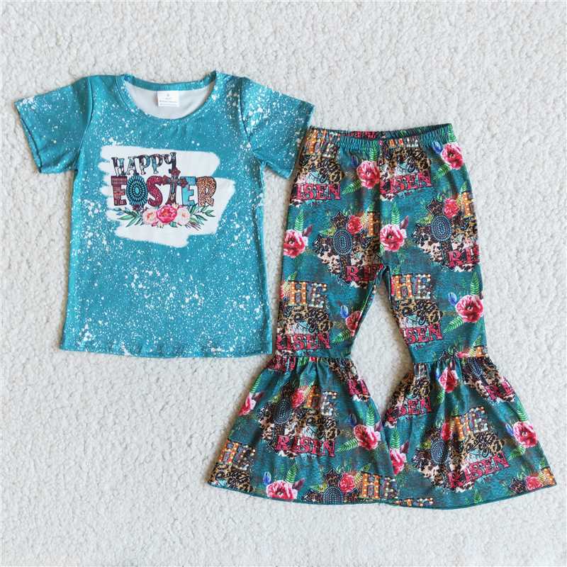 B2-12 Easter Blue Short Sleeve Floral Flared Pants Set