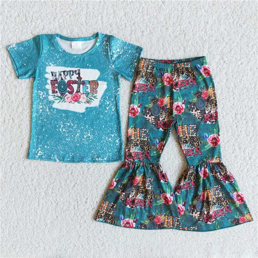 B2-12 Easter Blue Short Sleeve Floral Flared Pants Set