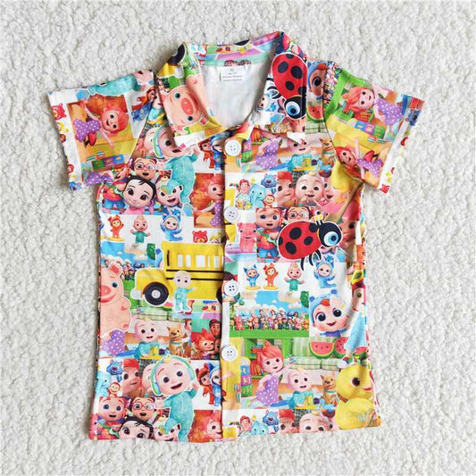 B1-30  Cartoon Button Short Sleeve Top