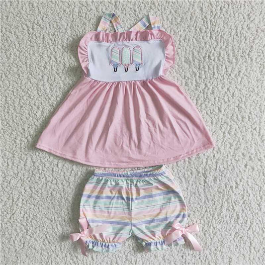 RTS GSSO0012 Embroidered Pink Ice Cream Vest Top Bowknot Shorts Set