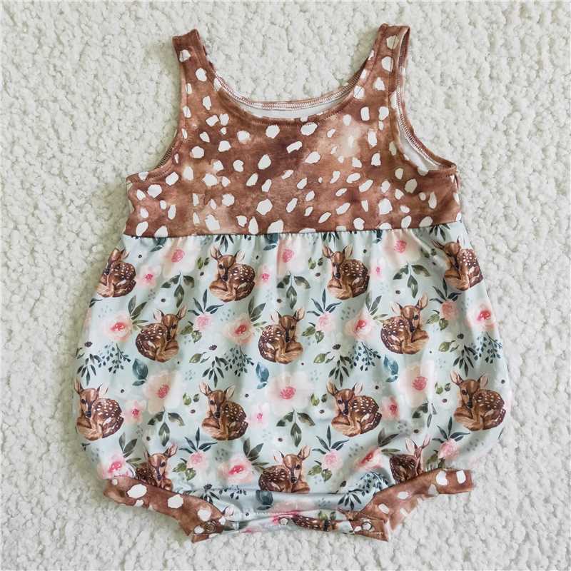 RTS GSD0035、SR0018 Girls Brown Bodysuit with Deer Pattern  Girls Deer Brown Short Sleeve Floral Dress