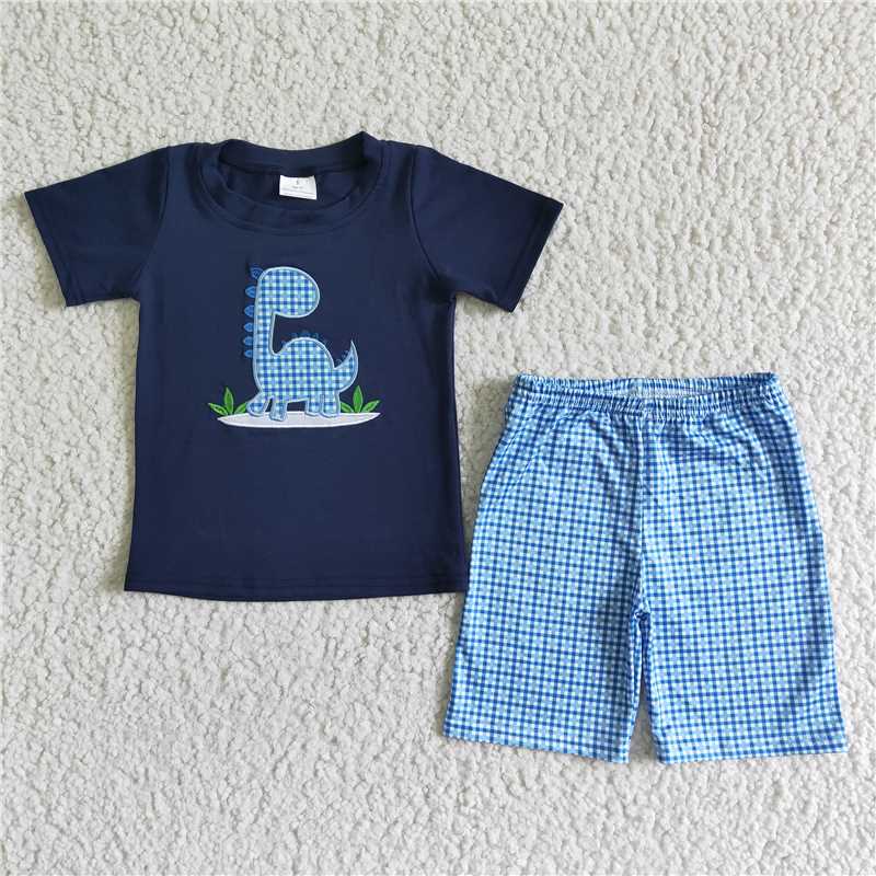 BSSO0005 Boys Embroidered Dinosaur Short Sleeve Blue Mesh Shorts Set