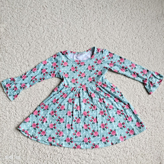 RTS NO MOQ SALES G3-12-1*/. Pink long-sleeved dress with small roses and white dots