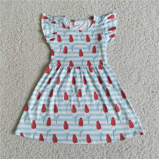 RTS SALES NO MOQ G4-21-5 Ice cream blue and white striped flying sleeves dress