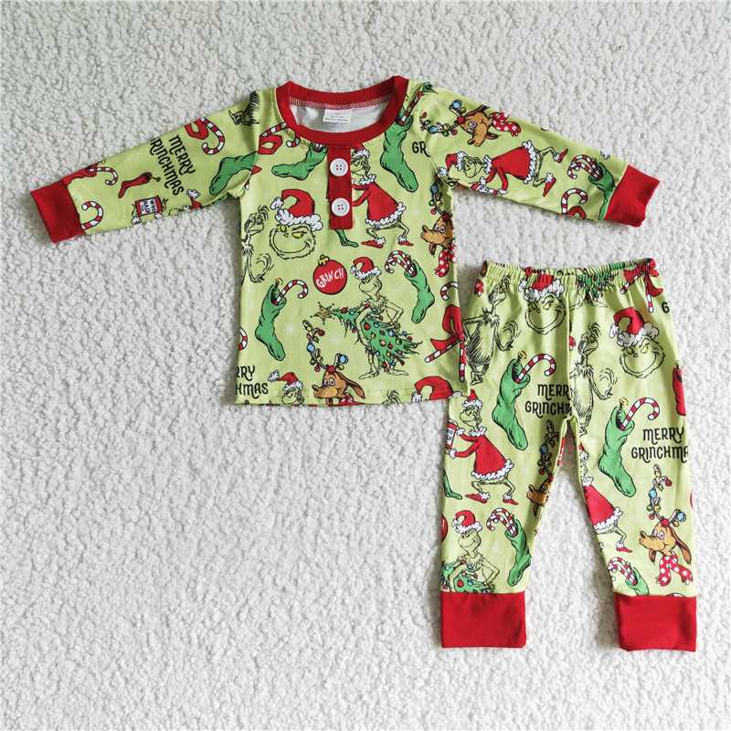 RTS NO MOQ Baby kids red and green Christmas green furry monster print long sleeve long pants pajama set