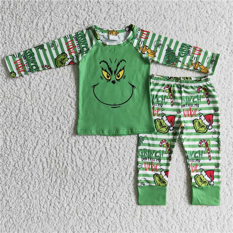 RTS NO MOQ Baby kids red and green Christmas green furry monster print long sleeve long pants pajama set