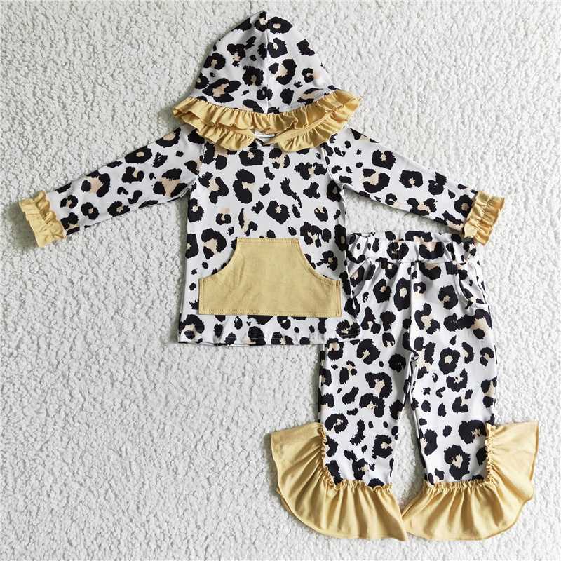 RTS NO MOQ Baby Girls Hooded Ruffle Top Bell Pants Clothes Sets