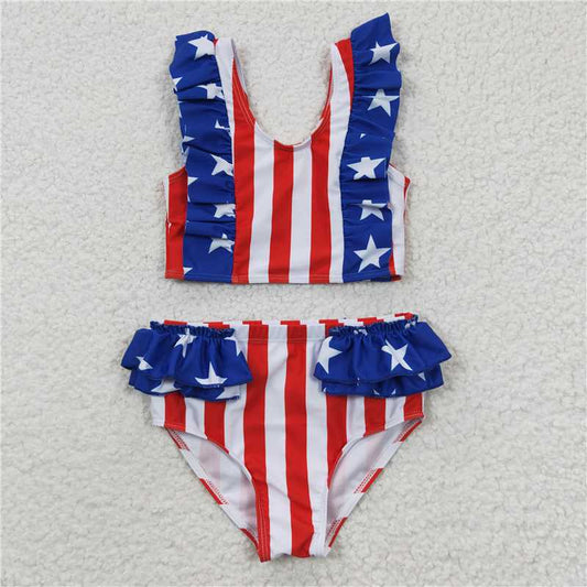 S0090  Girls National Day Star Stripe Lace Swimsuit Set