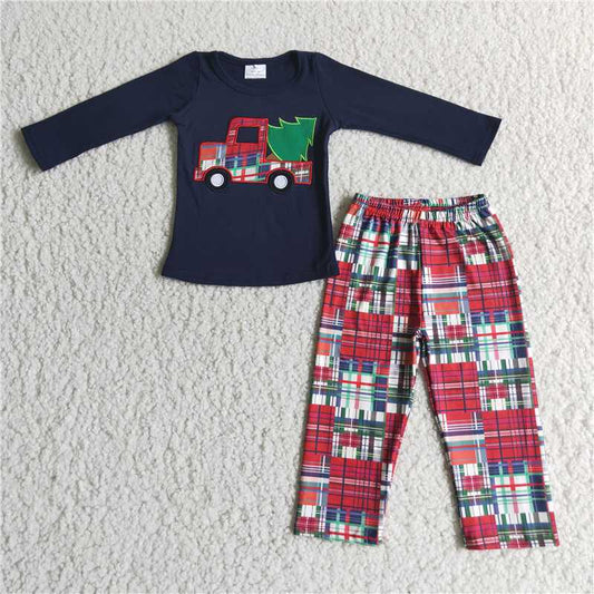 RTS NO MOQ 6 A16-15 Blue top with embroidered car and plaid pants