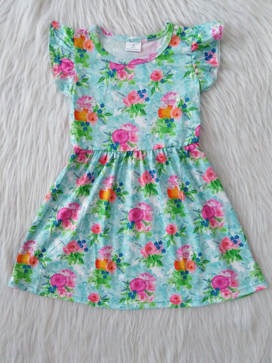 RTS SALES NO MOQ G1-8-4; Ink flower green small flying sleeve dress