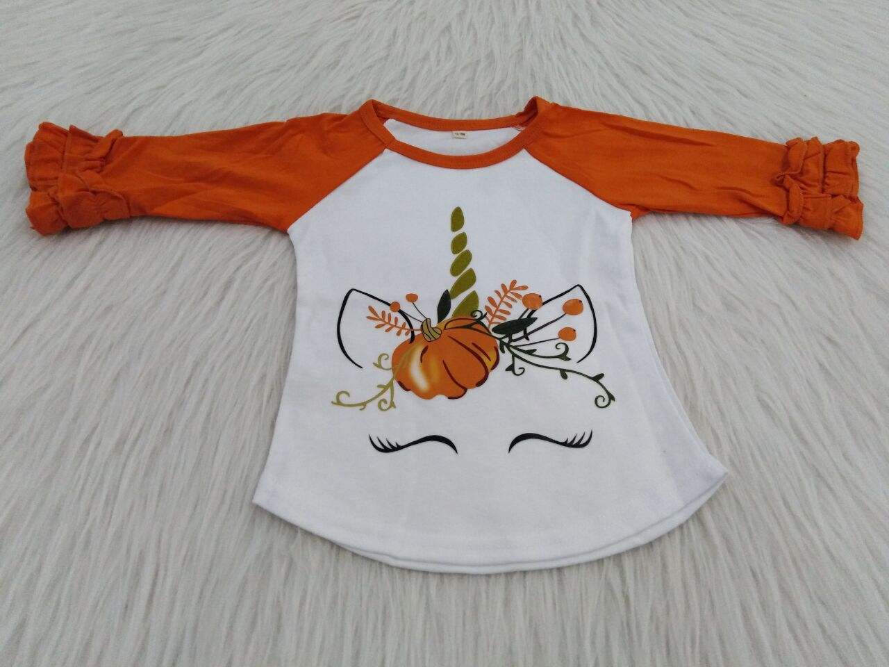RTS SALES NO MOQ G4-10-.... Orange Pumpkin Unicorn Lace Long Sleeve Top