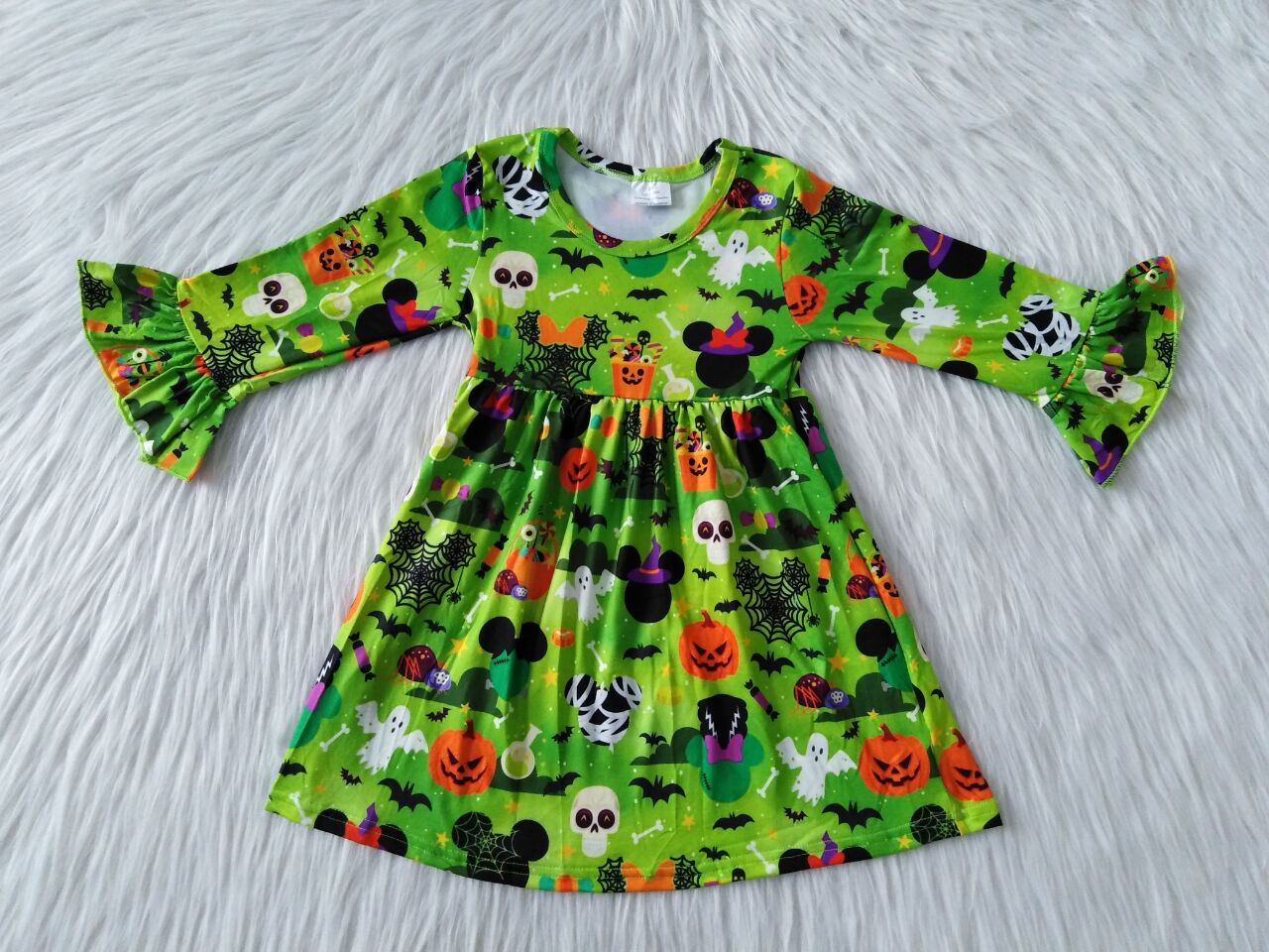 RTS NO MOQ SALES  G1-3/ Green long-sleeved dress with skull and Mickey head