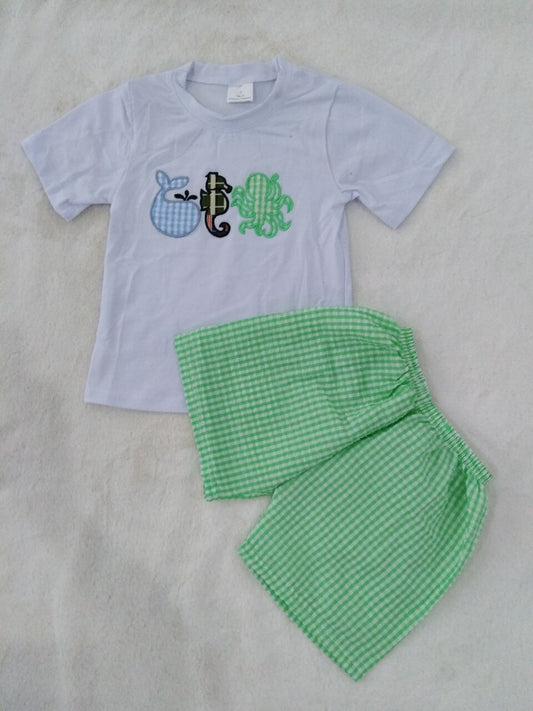 RTS SALES NO MOQ G2-3-4 Sea Animal Top Green Plaid Shorts