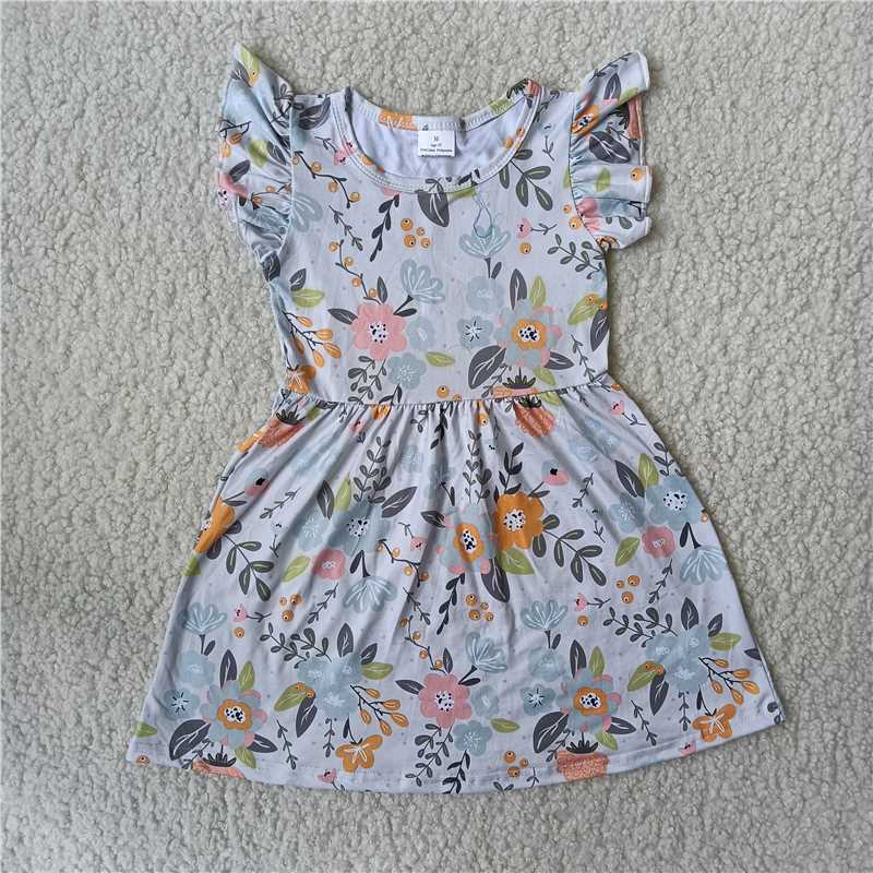 RTS SALES NO MOQ G3-11-5.. Orange pink floral grey flying sleeves dress