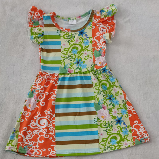 RTS SALES NO MOQ G2-19-4*]. Blue and green multi-color striped flying sleeves dress