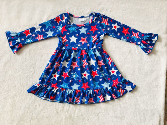 RTS NO MOQ SALES  G2-20-4;' Dark blue long-sleeved dress with red stripes and five-pointed stars