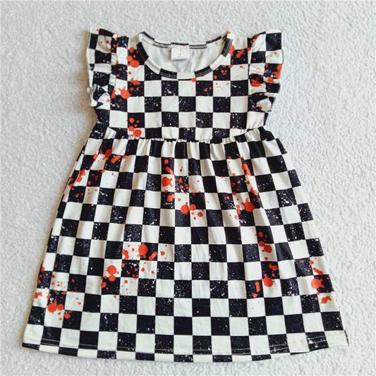 RTS SALES NO MOQ G1-10*. Orange-spotted black-and-white plaid flying sleeves skirt