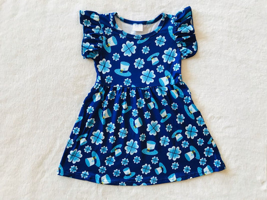 RTS SALES NO MOQ G2-3-9.*/ Heart-shaped flower navy blue flying sleeve dress