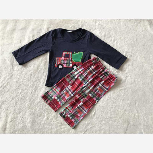 RTS SALES NO MOQG2-22. Embroidered car navy blue top and plaid pants