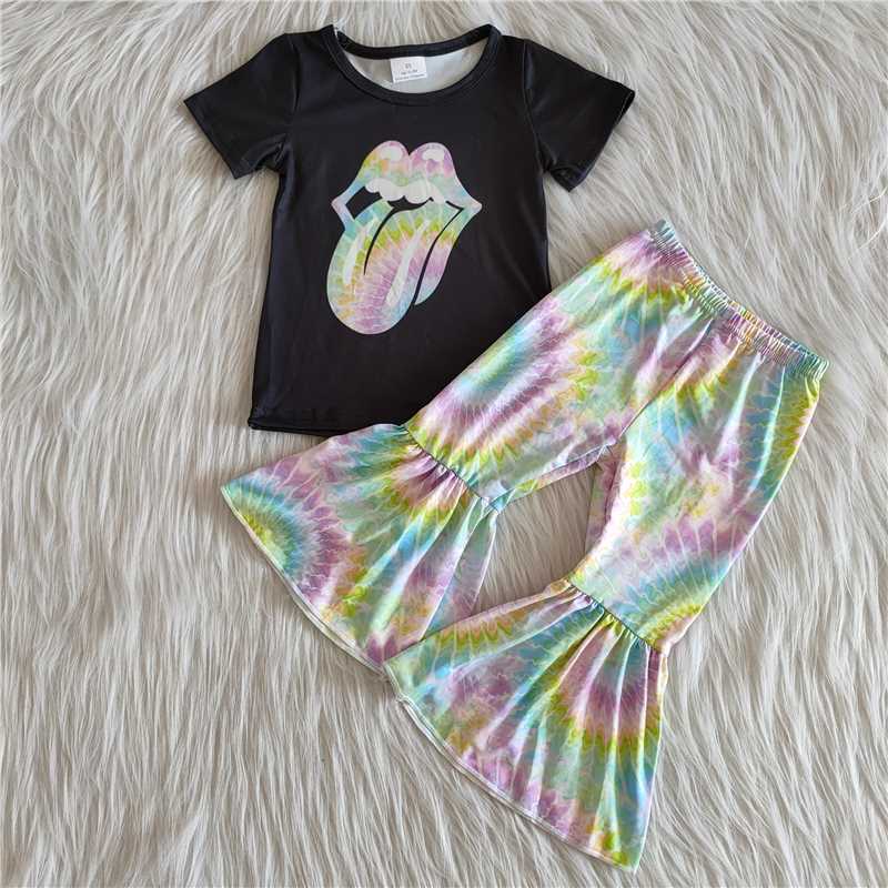 C1-14 Color Tongue Black Short Sleeve Pant Set