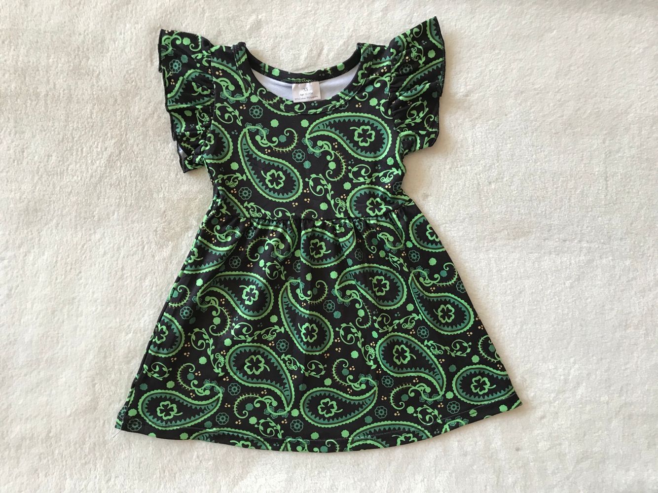 RTS SALES NO MOQ G3-11-3/' Three yellow dots black and green flying sleeves dress