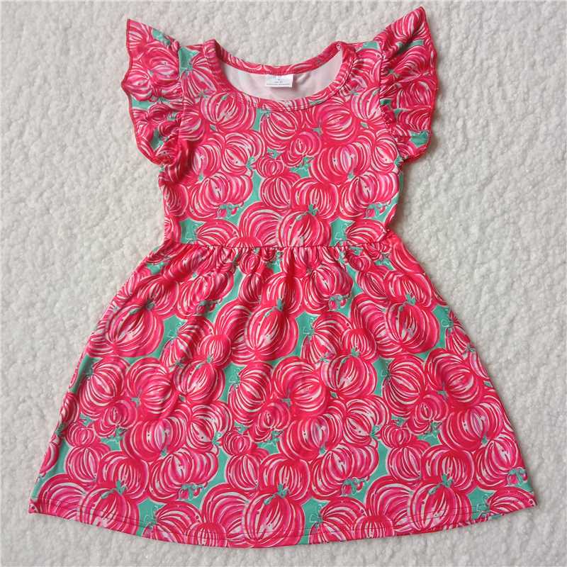 RTS SALES NO MOQ G2-11-1/*./ Red striped pattern green leaf flying sleeve dress