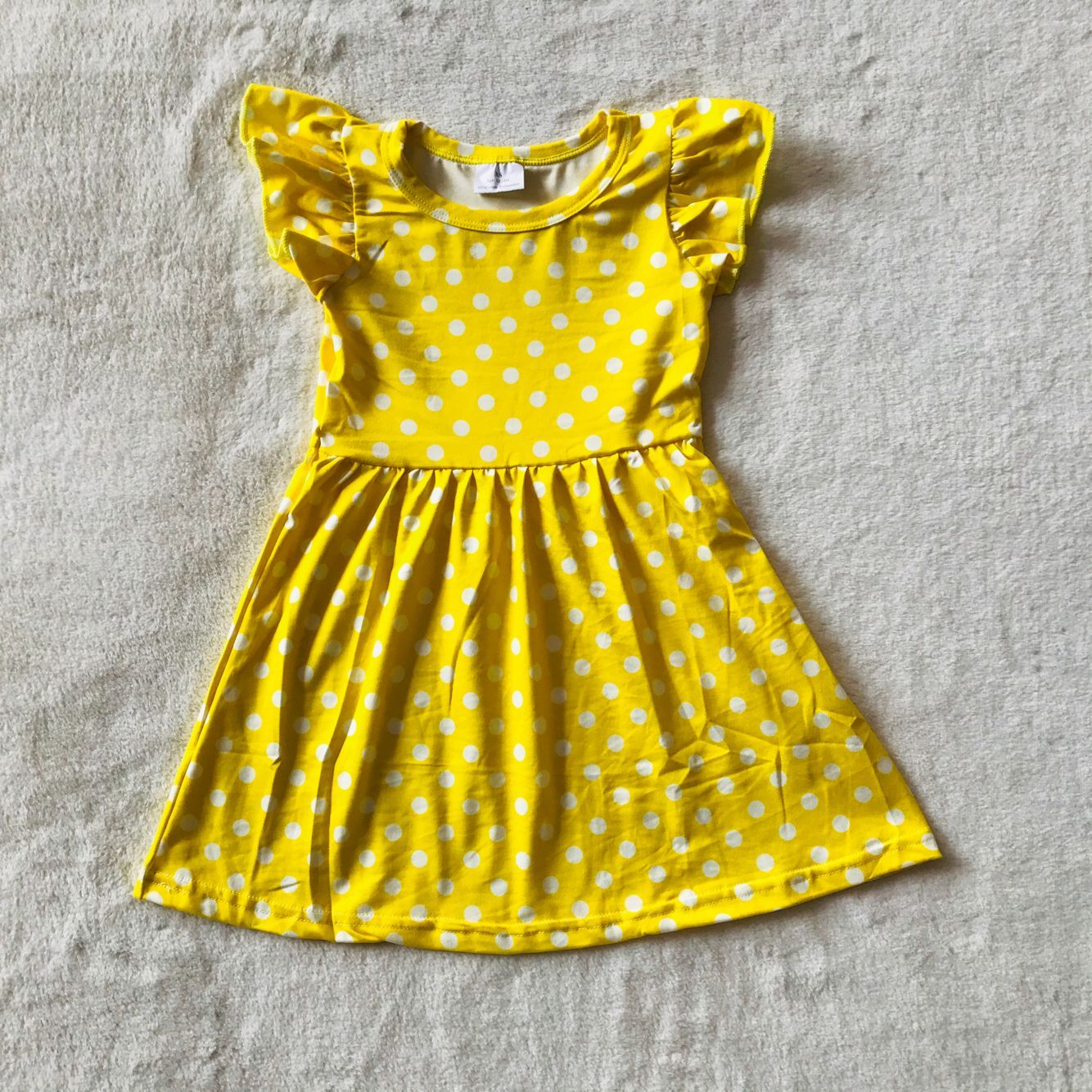 RTS SALES NO MOQ G4-23-3 White polka dot yellow flying sleeves dress