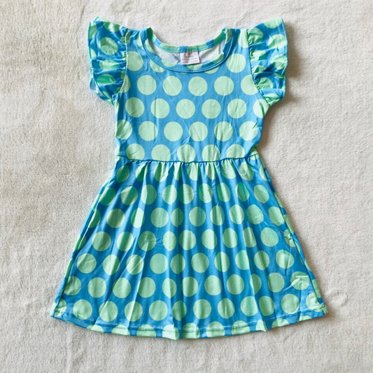 RTS SALES NO MOQ G4-11-1* Green large polka dot natural color flying sleeve dress