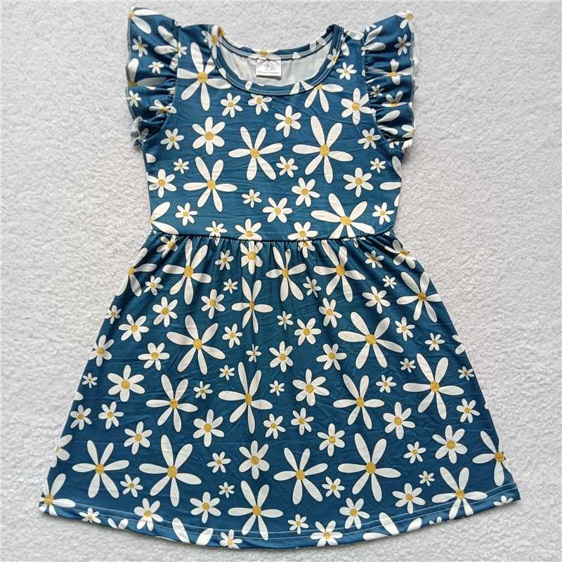 RTS SALES NO MOQ G1-11; White flower navy blue flying sleeves dress