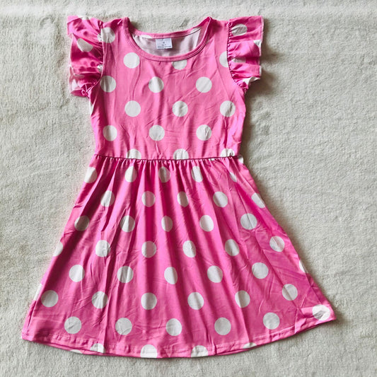 RTS SALES NO MOQ G4-11-1- White polka dot pink flying sleeve dress