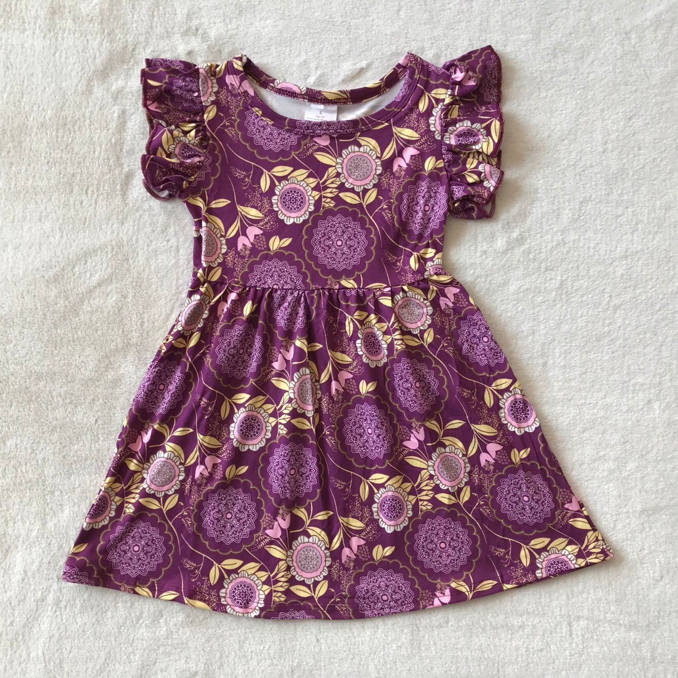 RTS SALES NO MOQ G3-7-3*' Pink flowers, yellow leaves, dark purple flying sleeves dress