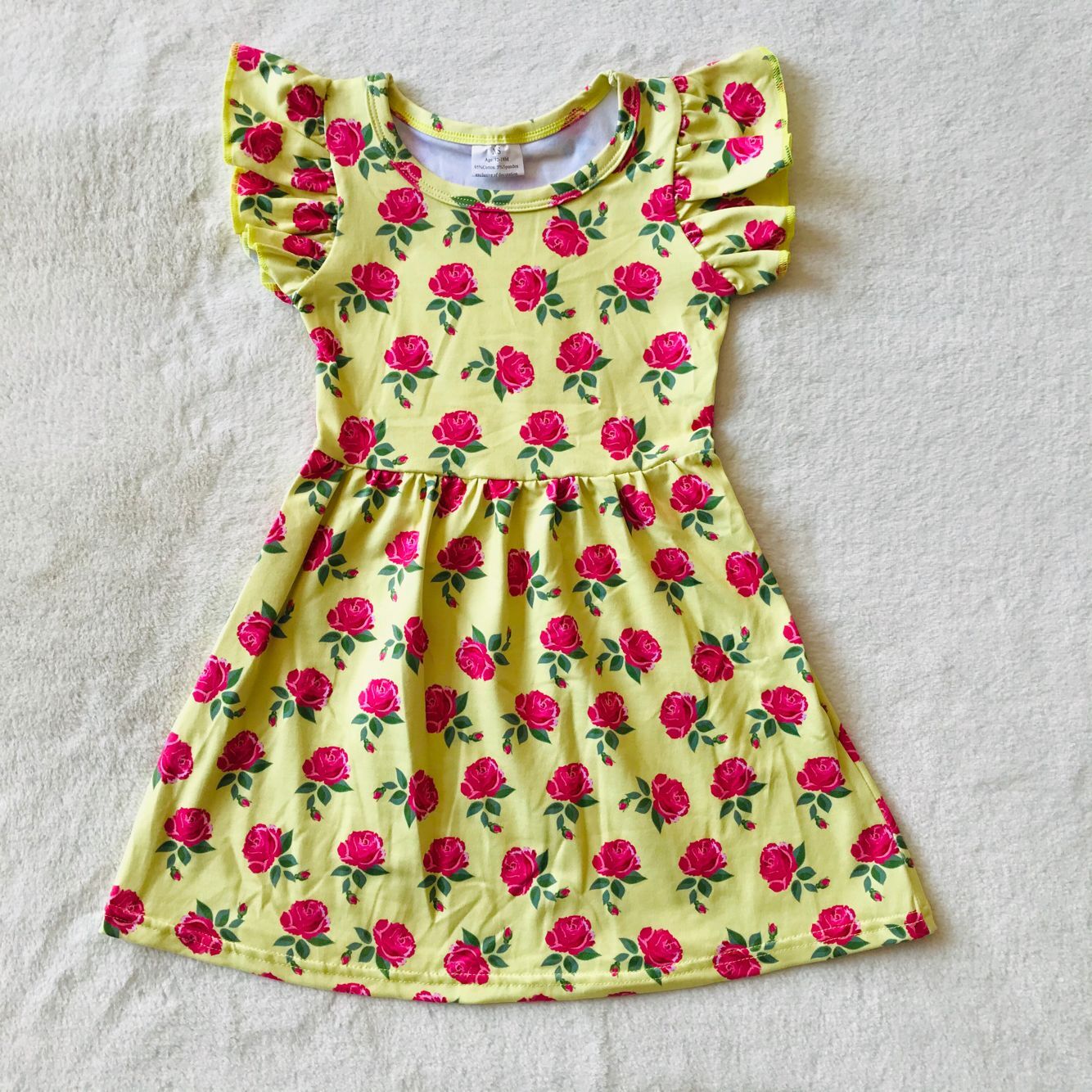 RTS SALES NO MOQ G3-7-3;' Rose red flower yellow flying sleeves dress