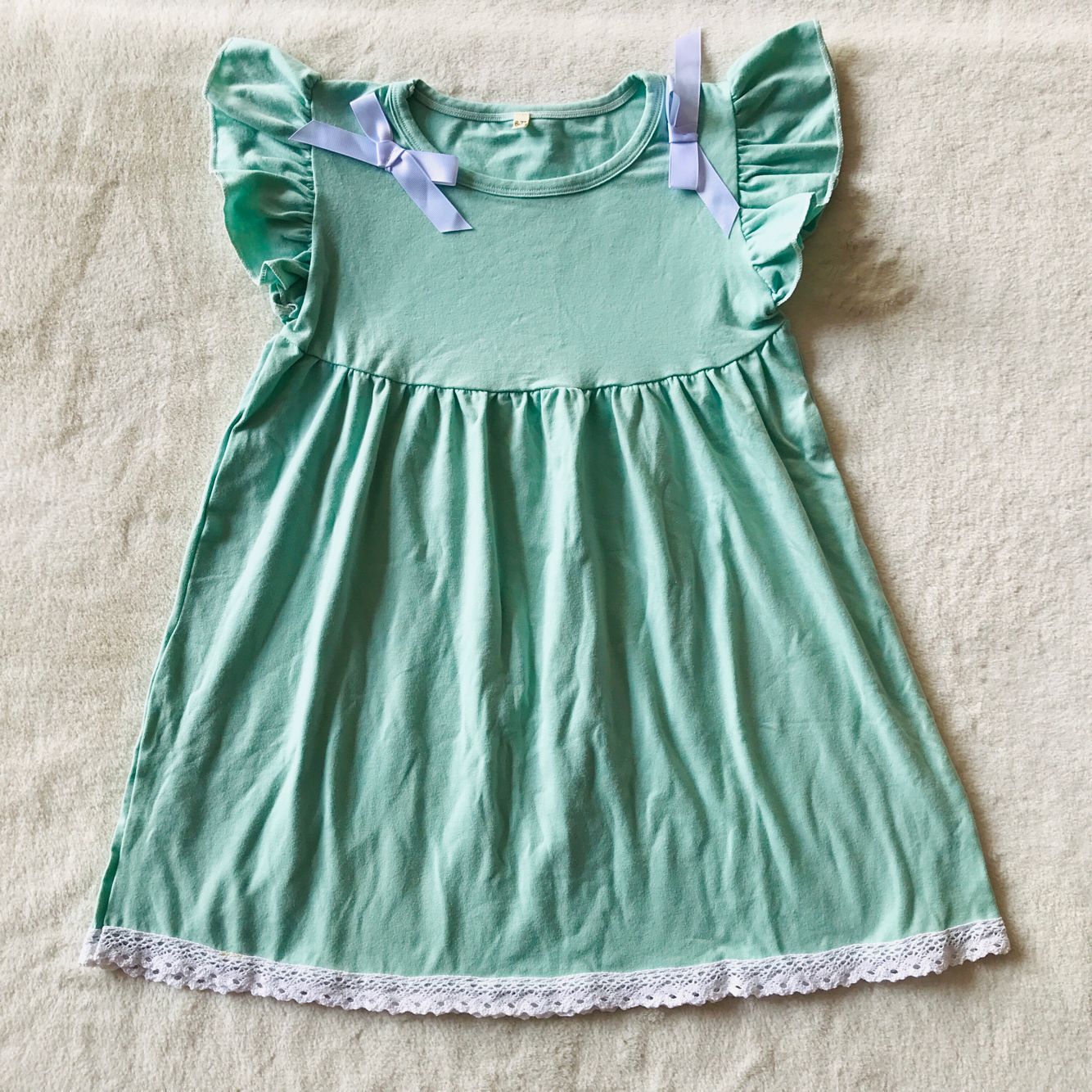 RTS SALES NO MOQ G4-23-1;; White handmade bow light green flying sleeves dress