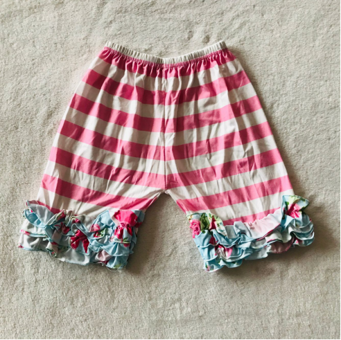 G5-8-*3 Pink striped blue flower lace shorts